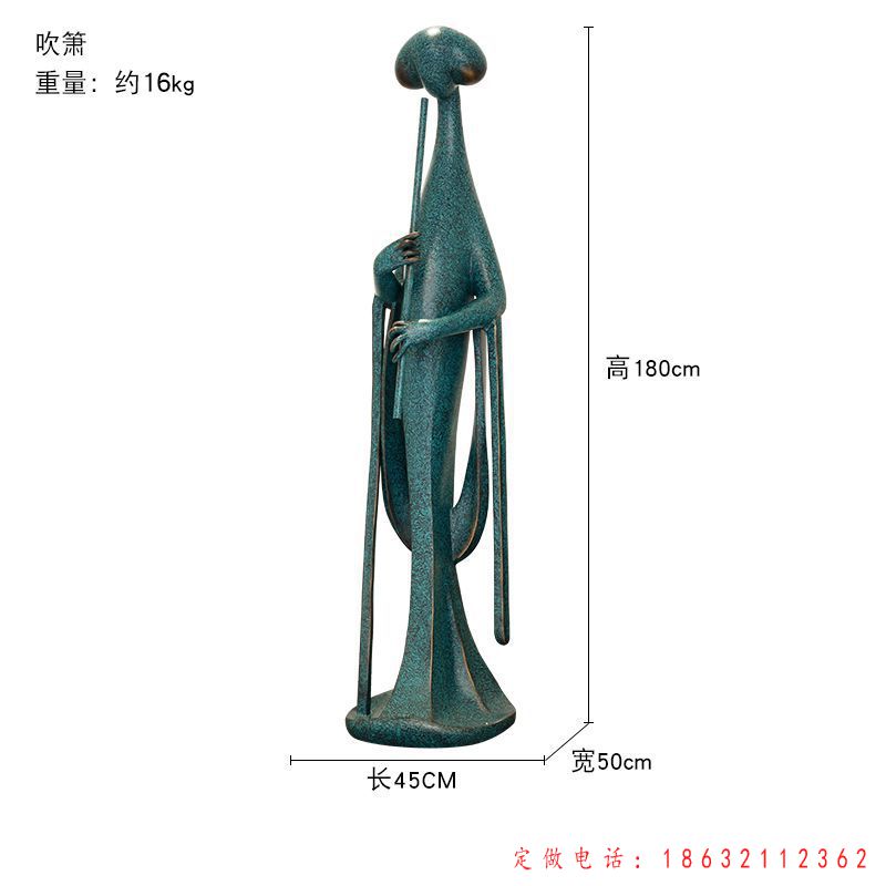 青铜色吹萧人物雕塑